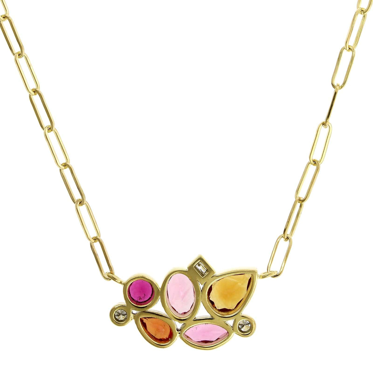 18K Yellow Gold Pink Tourmaline, Garnet, Pink Sapphire and Diamond Bubble Necklace