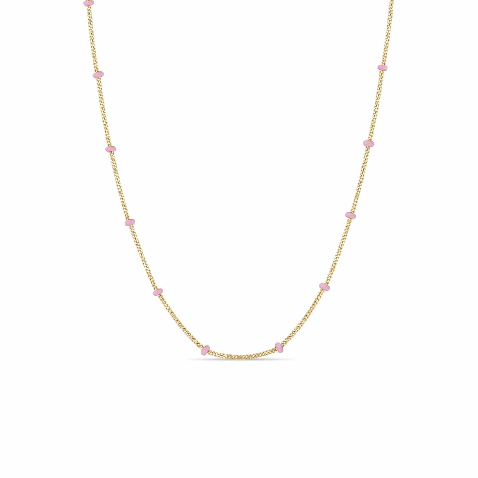 14K Yellow Gold Pink Enamel Curb Satellite Chain Necklace
