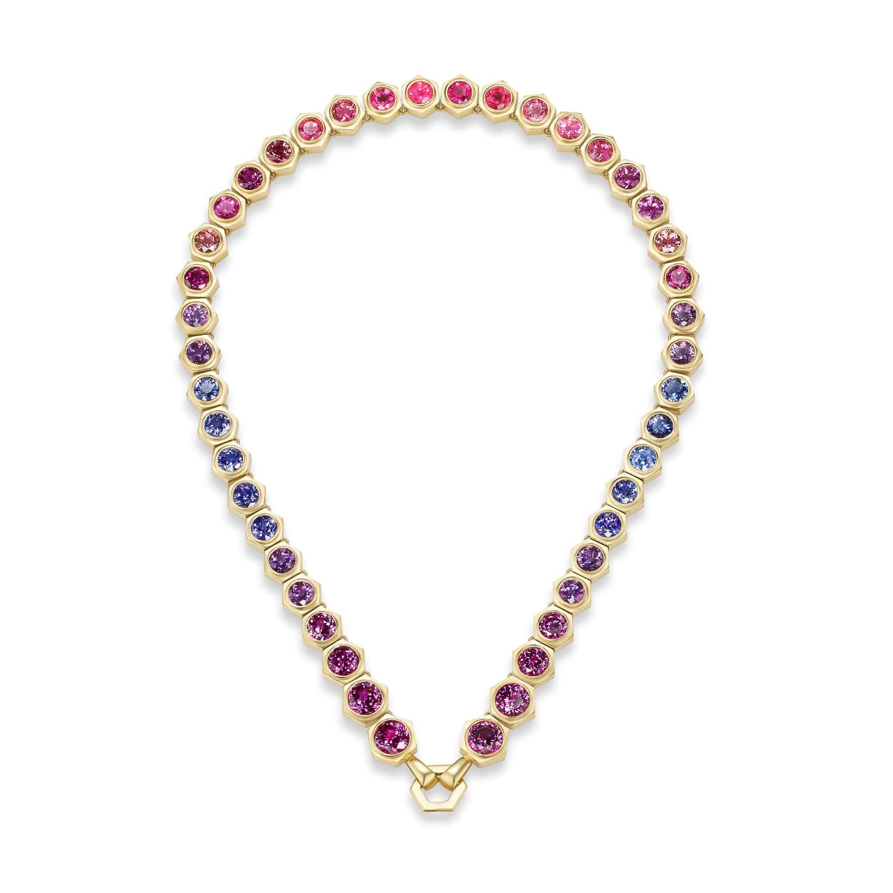 Harwell Godfrey 18K Yellow Gold Multi Colored Stone Hexagon Tennis Necklace