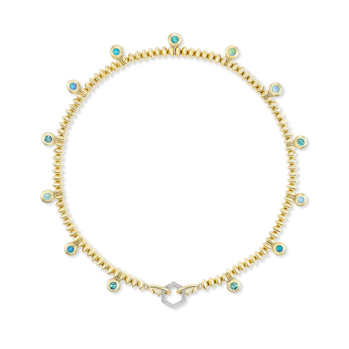 Harwell Godfrey 18K Yellow Gold Paraiba and Opal Knife Edge Bead Necklace