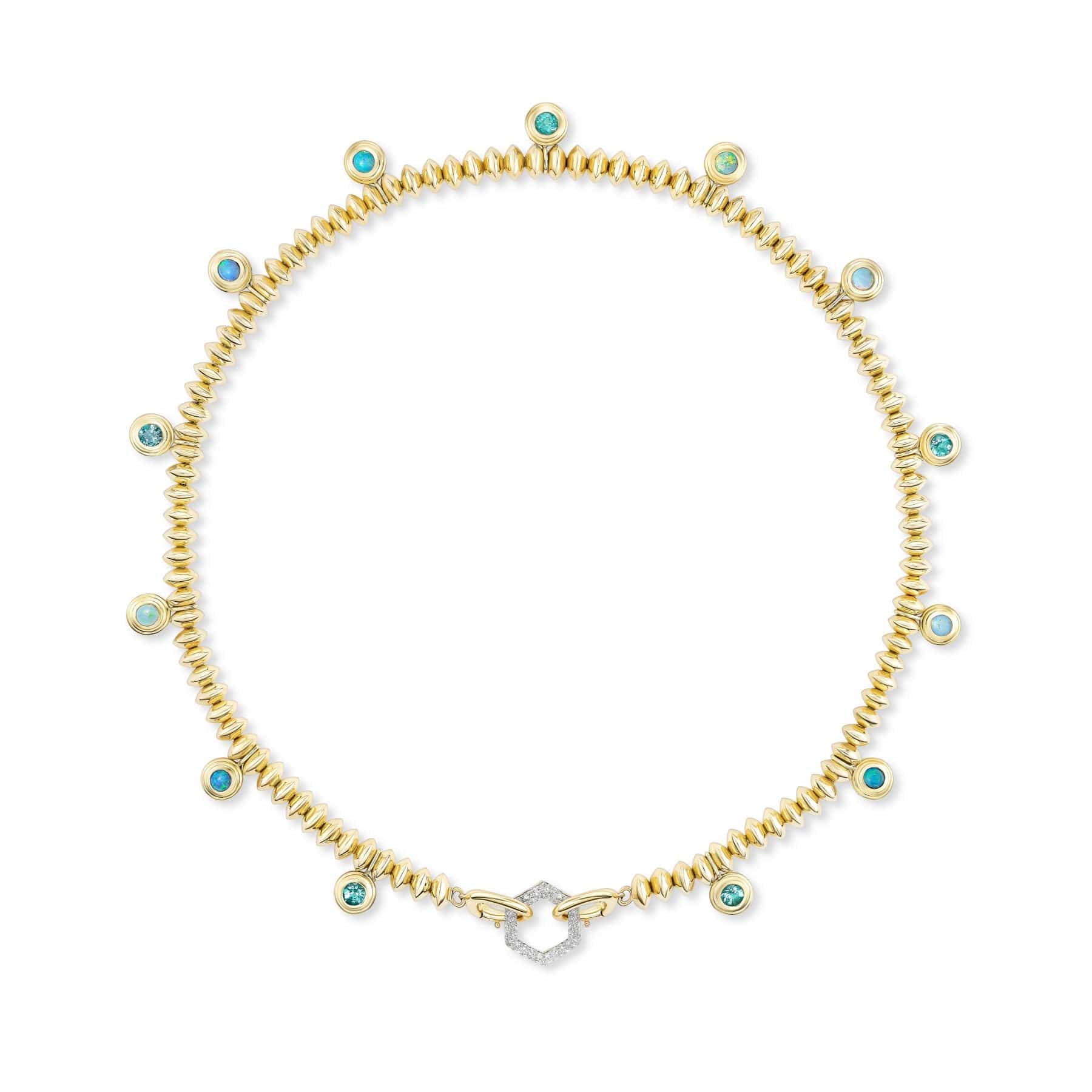 Harwell Godfrey 18K Yellow Gold Paraiba and Opal Knife Edge Bead Necklace