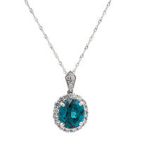 18K White Gold Blue Zircon Diamond Halo Necklace