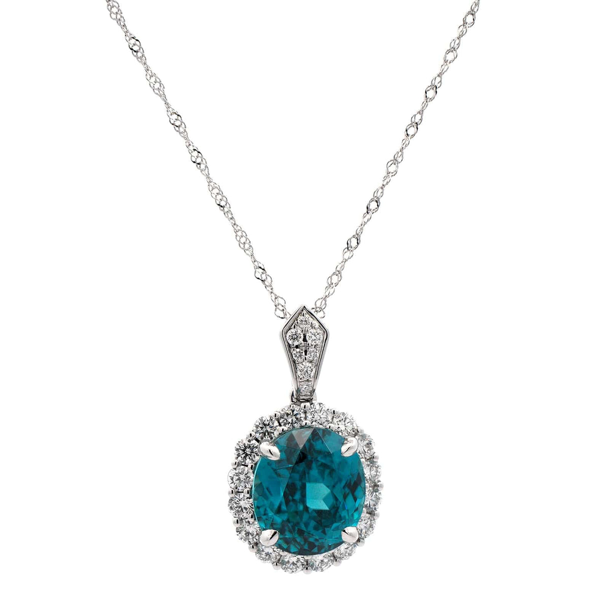 18K White Gold Blue Zircon Diamond Halo Necklace