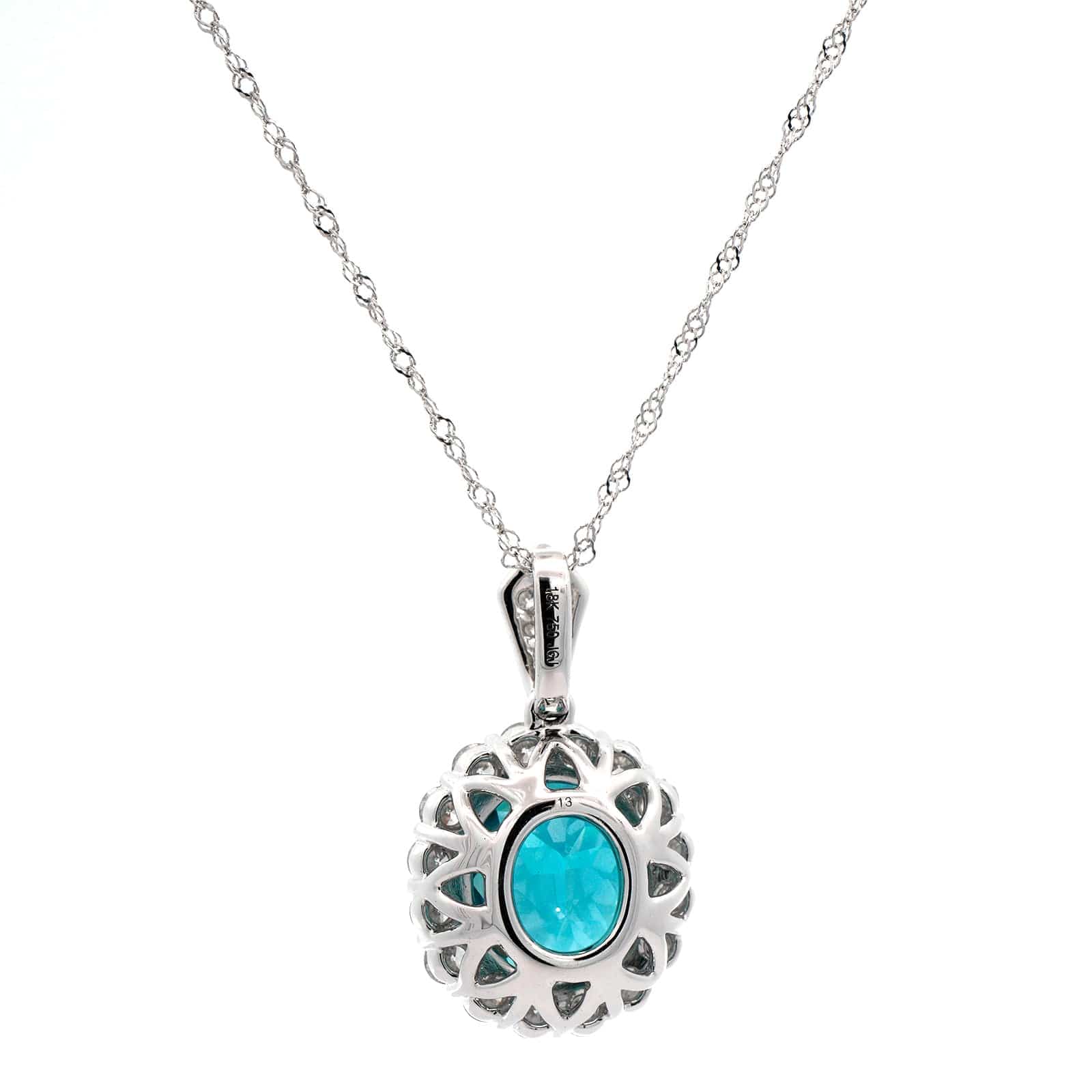 18K White Gold Blue Zircon Diamond Halo Necklace