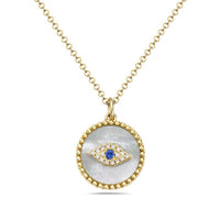 14K Yellow Gold Evil Eye Pendant with Mother of Pearl, Sapphire, and Diamonds
