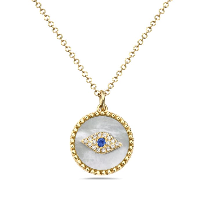 14K Yellow Gold Evil Eye Pendant with Mother of Pearl, Sapphire, and Diamonds