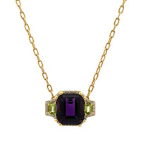 18K Yellow Gold Amethyst and Peridot Three Stone Pendant Necklace