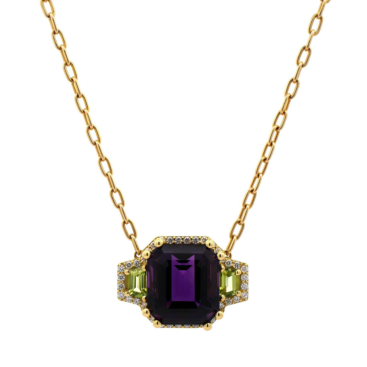 18K Yellow Gold Amethyst and Peridot Three Stone Pendant Necklace