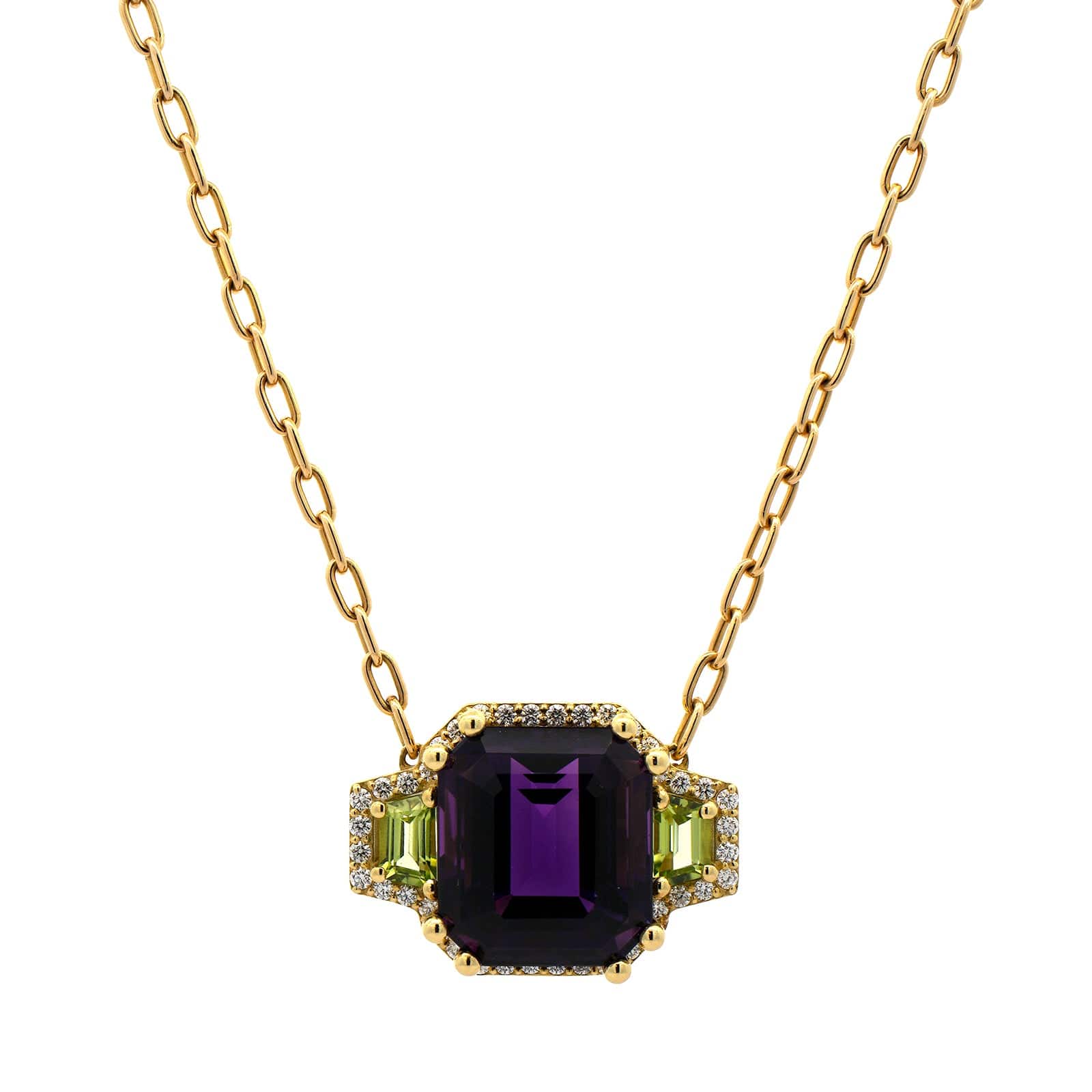 18K Yellow Gold Amethyst and Peridot Three Stone Pendant Necklace