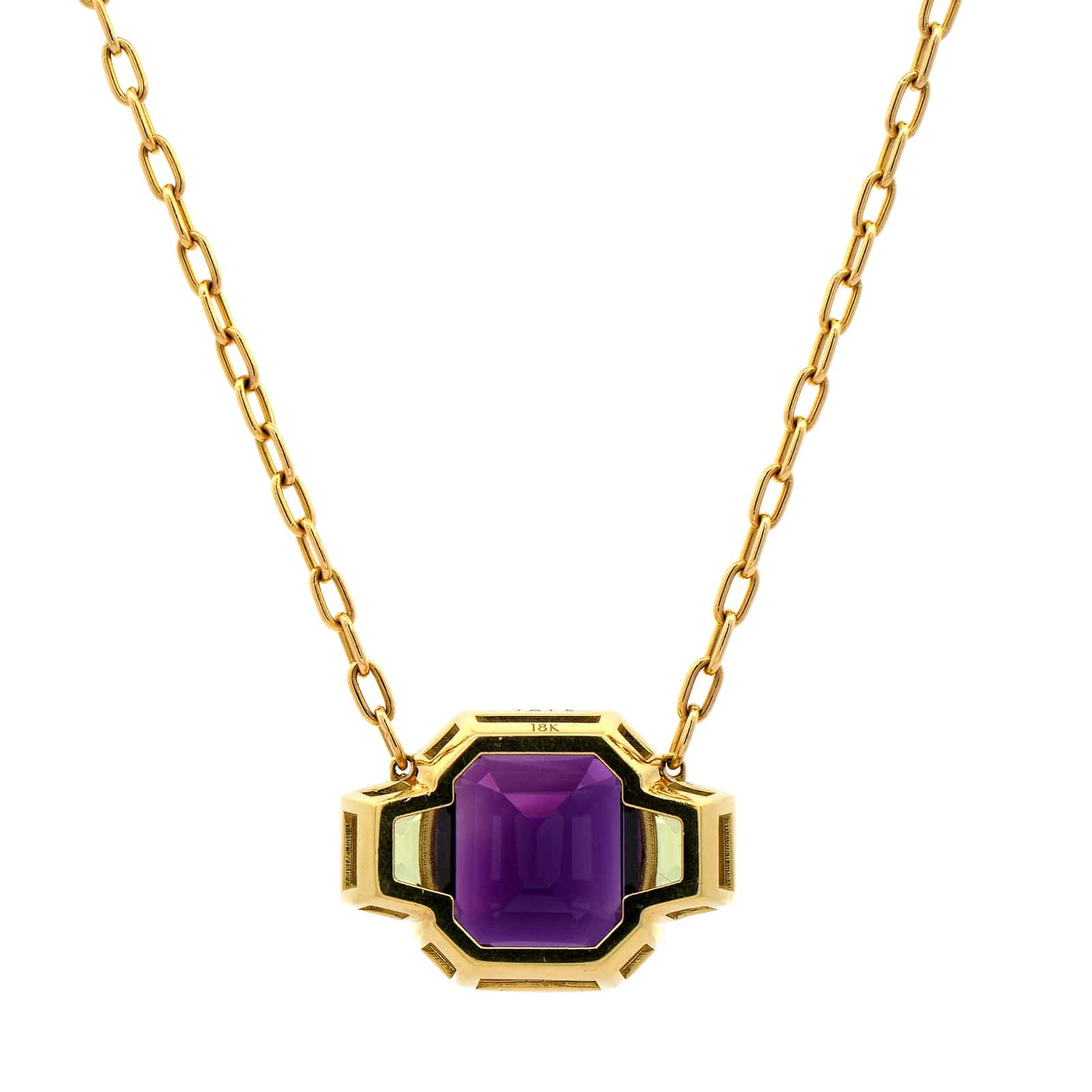18K Yellow Gold Amethyst and Peridot Three Stone Pendant Necklace