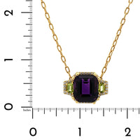 18K Yellow Gold Amethyst and Peridot Three Stone Pendant Necklace
