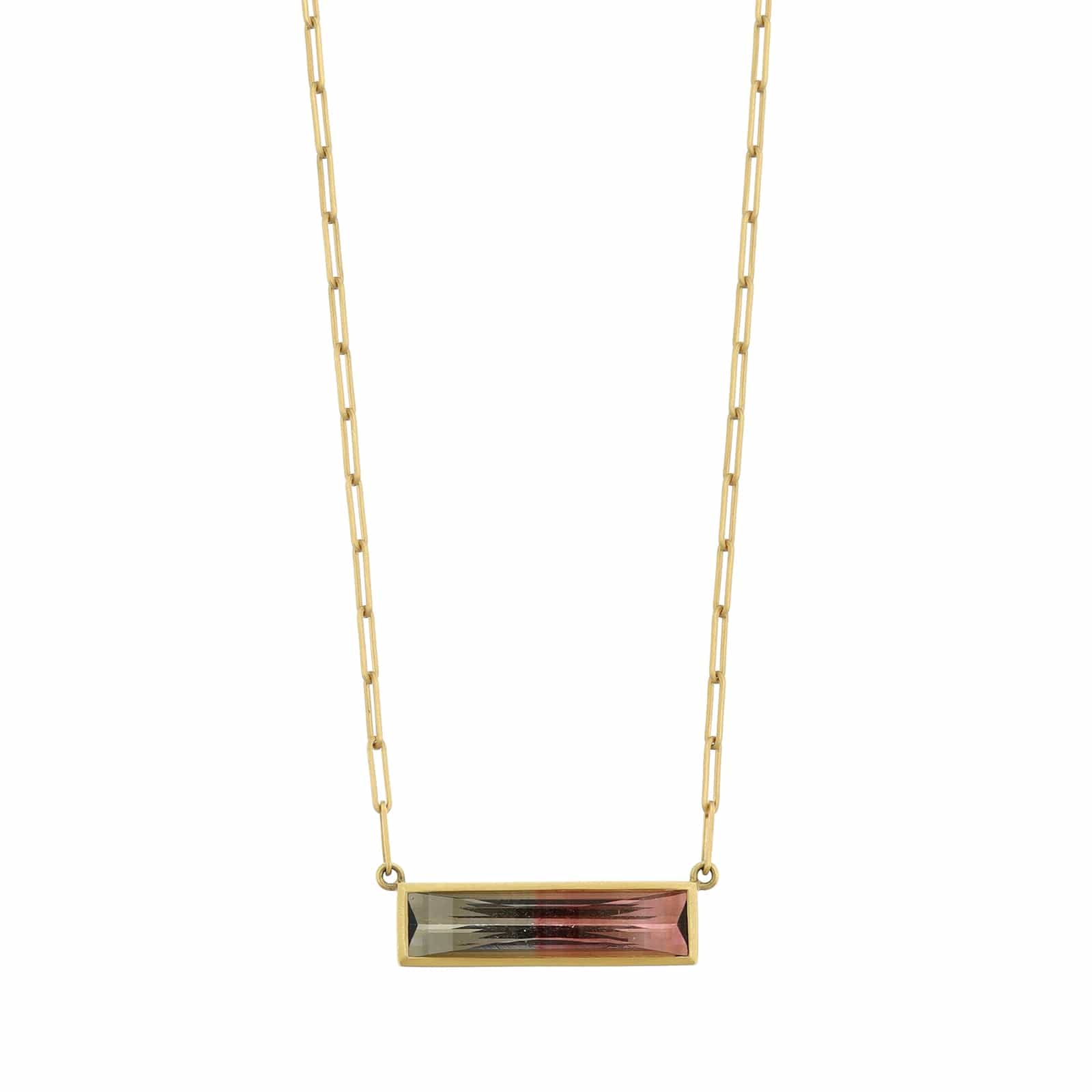18K Yellow Gold Bezel Set Emerald Cut Watermelon Tourmaline Pendant Necklace