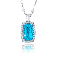 Platinum Cushion Paraiba and Diamond Halo Pendant Necklace