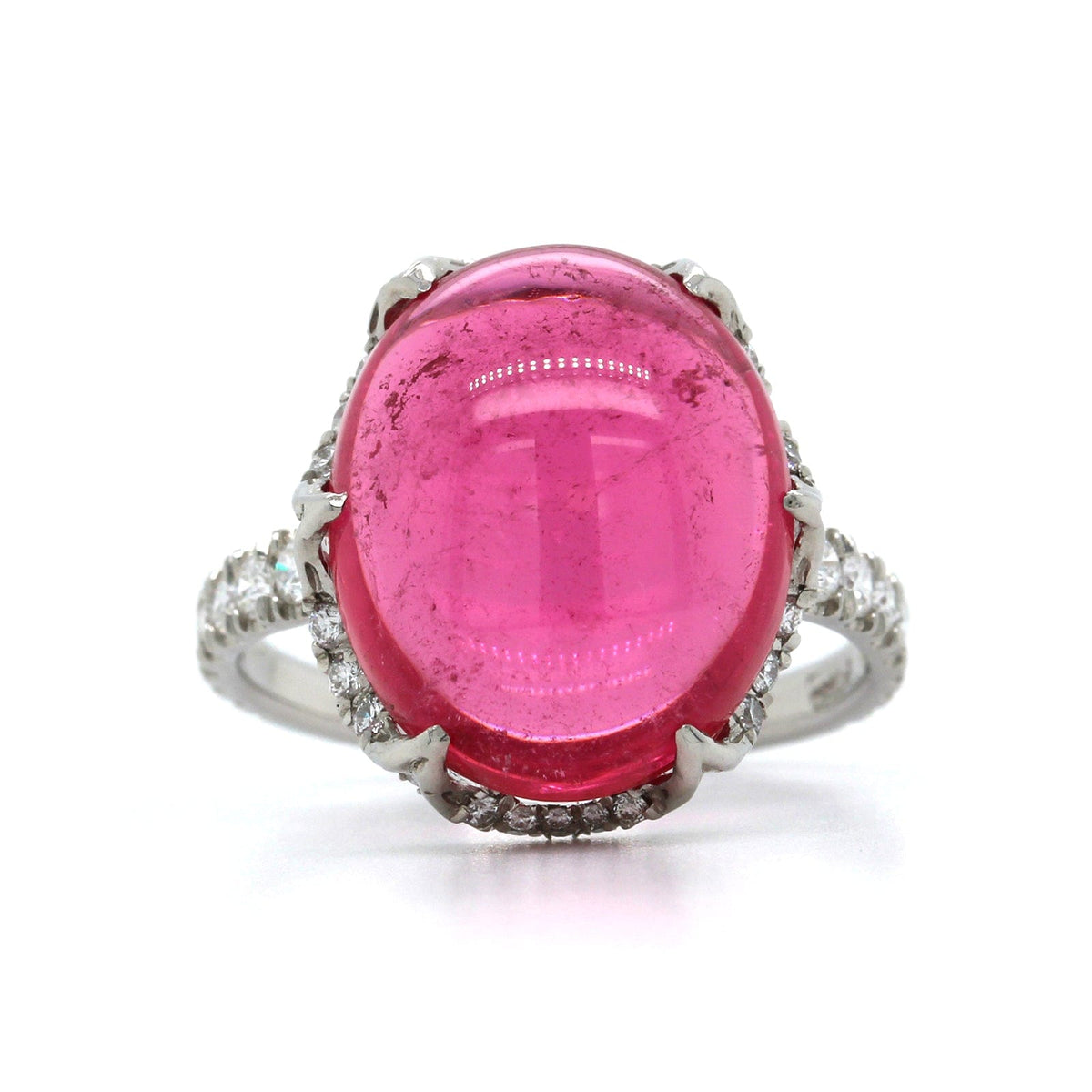 Platinum Oval Cabochon Pink Tourmaline Diamond Ring