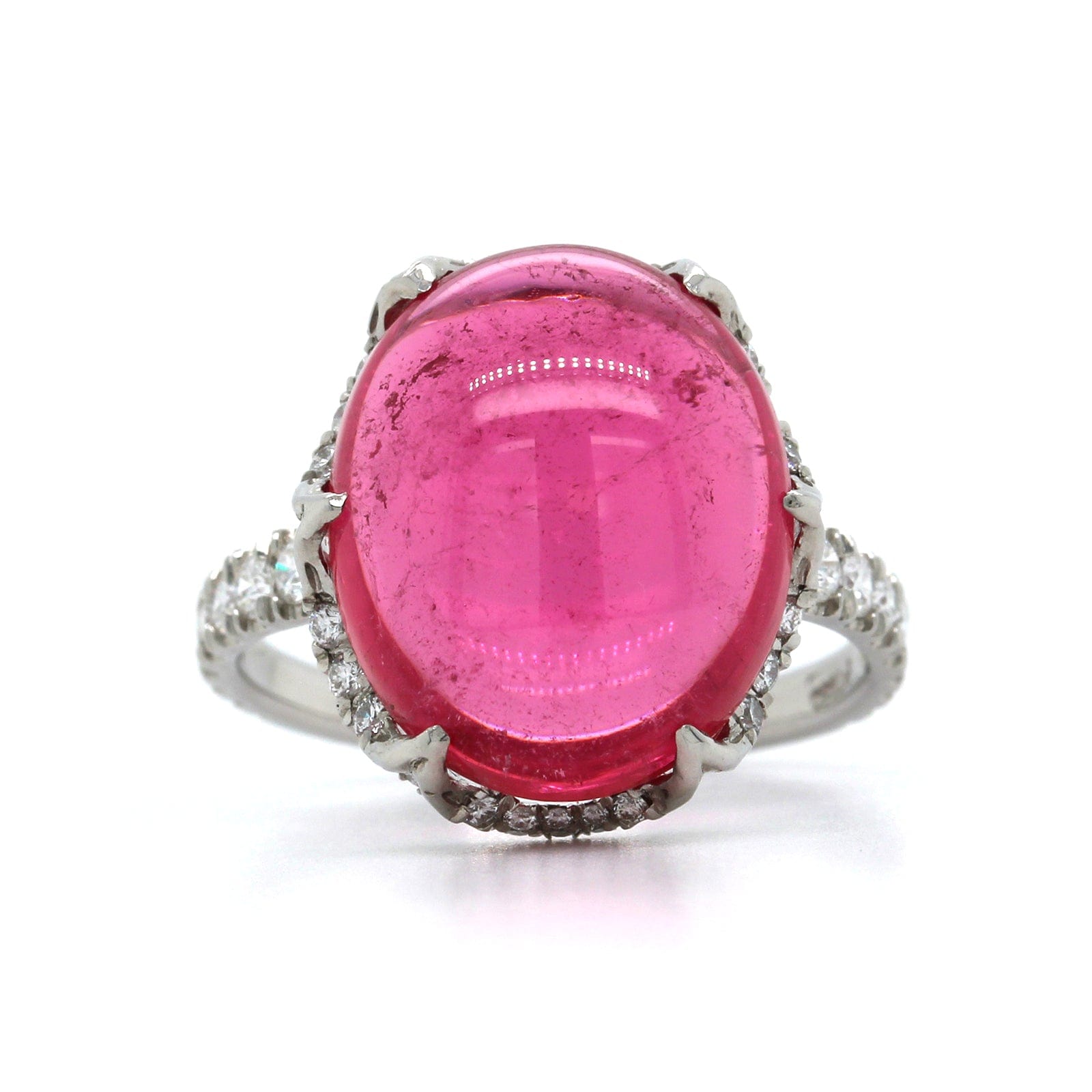 Platinum Oval Cabochon Pink Tourmaline Diamond Ring
