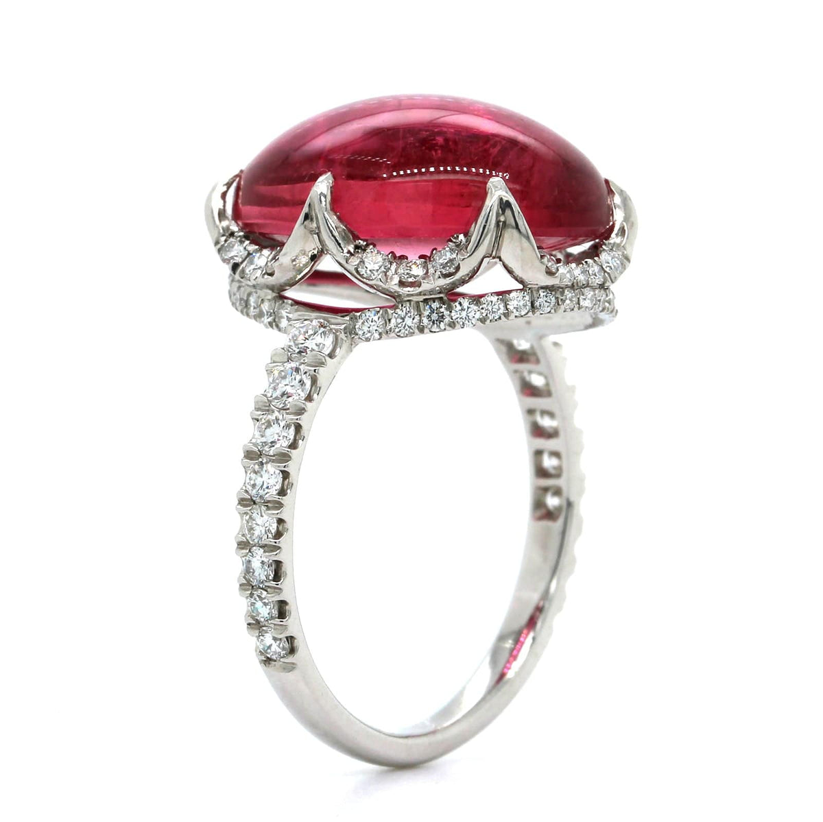 Platinum Oval Cabochon Pink Tourmaline Diamond Ring