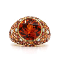 18K Yellow Gold Round Mandarin Garnet and Sapphire Ring