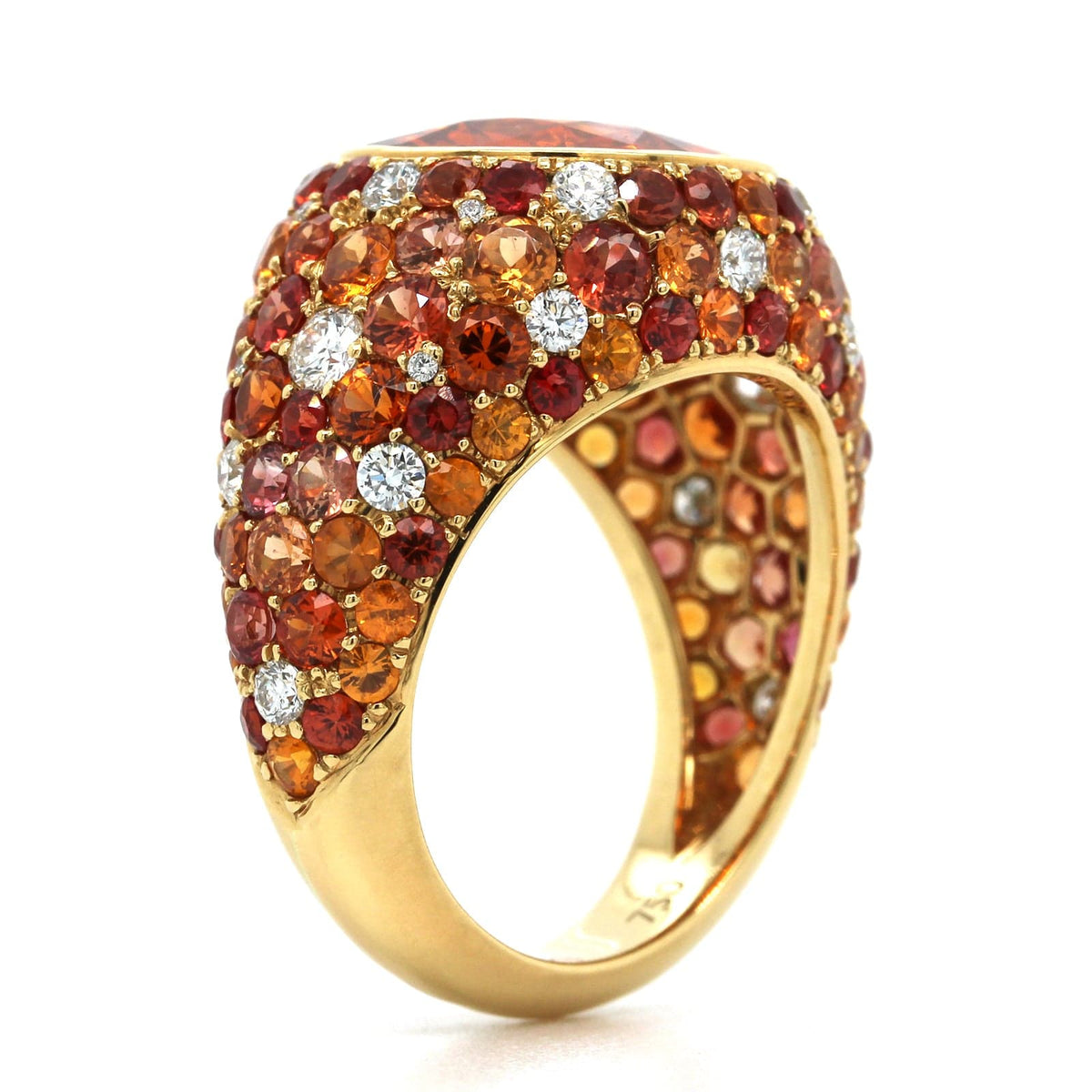 18K Yellow Gold Round Mandarin Garnet and Sapphire Ring