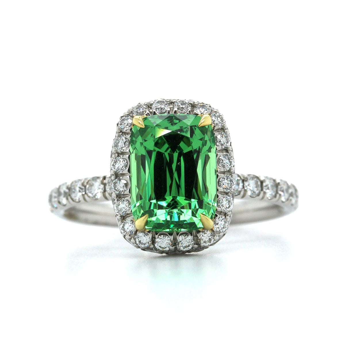 Platinum Tsavorite Garnet Diamond Halo Ring