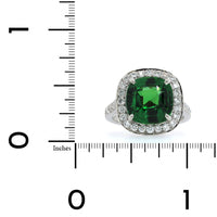 Platinum Cushion Tsavorite and Diamond Halo Ring