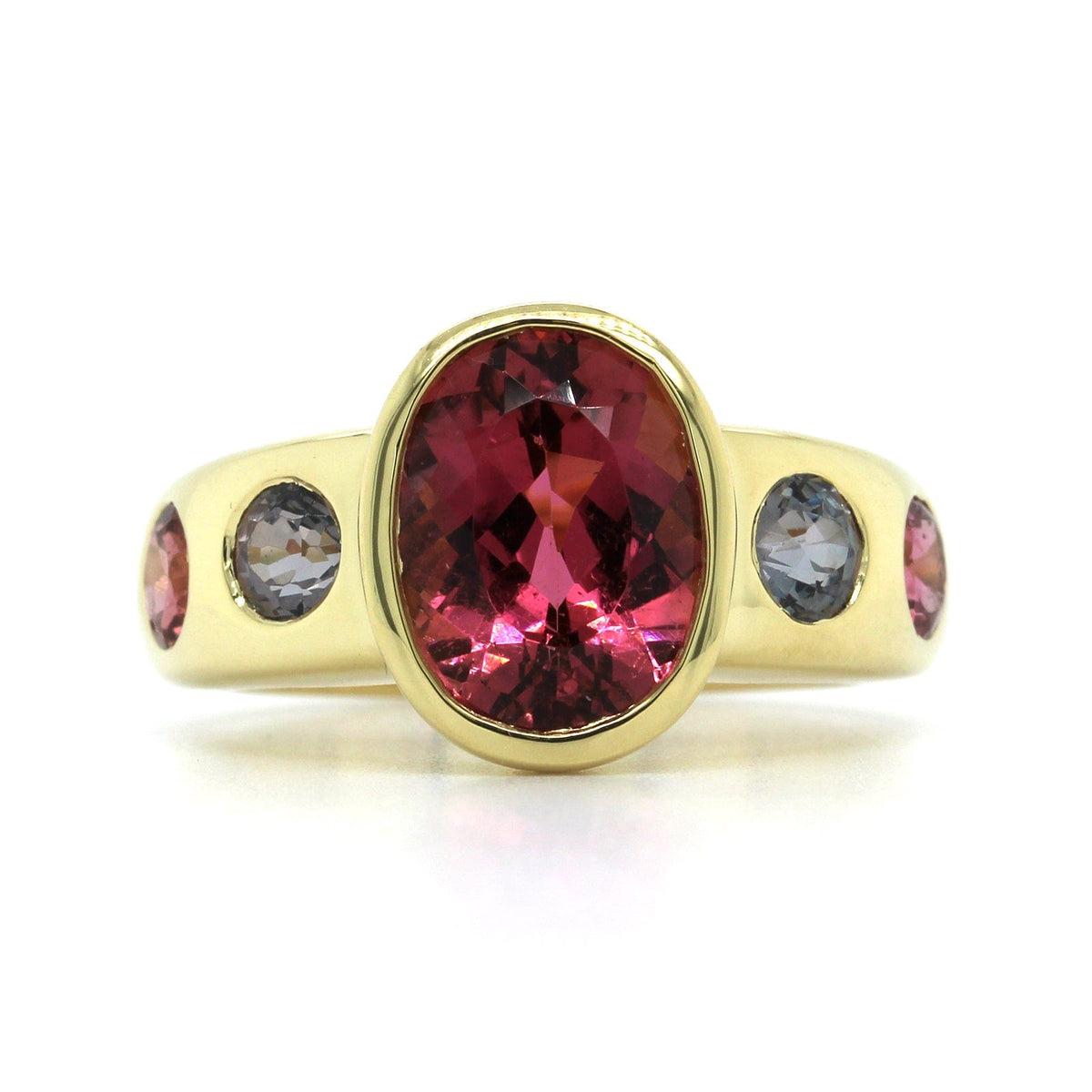 18K Yellow Gold Bezel Set Pink Tourmaline and Spinel Jezebel Ring