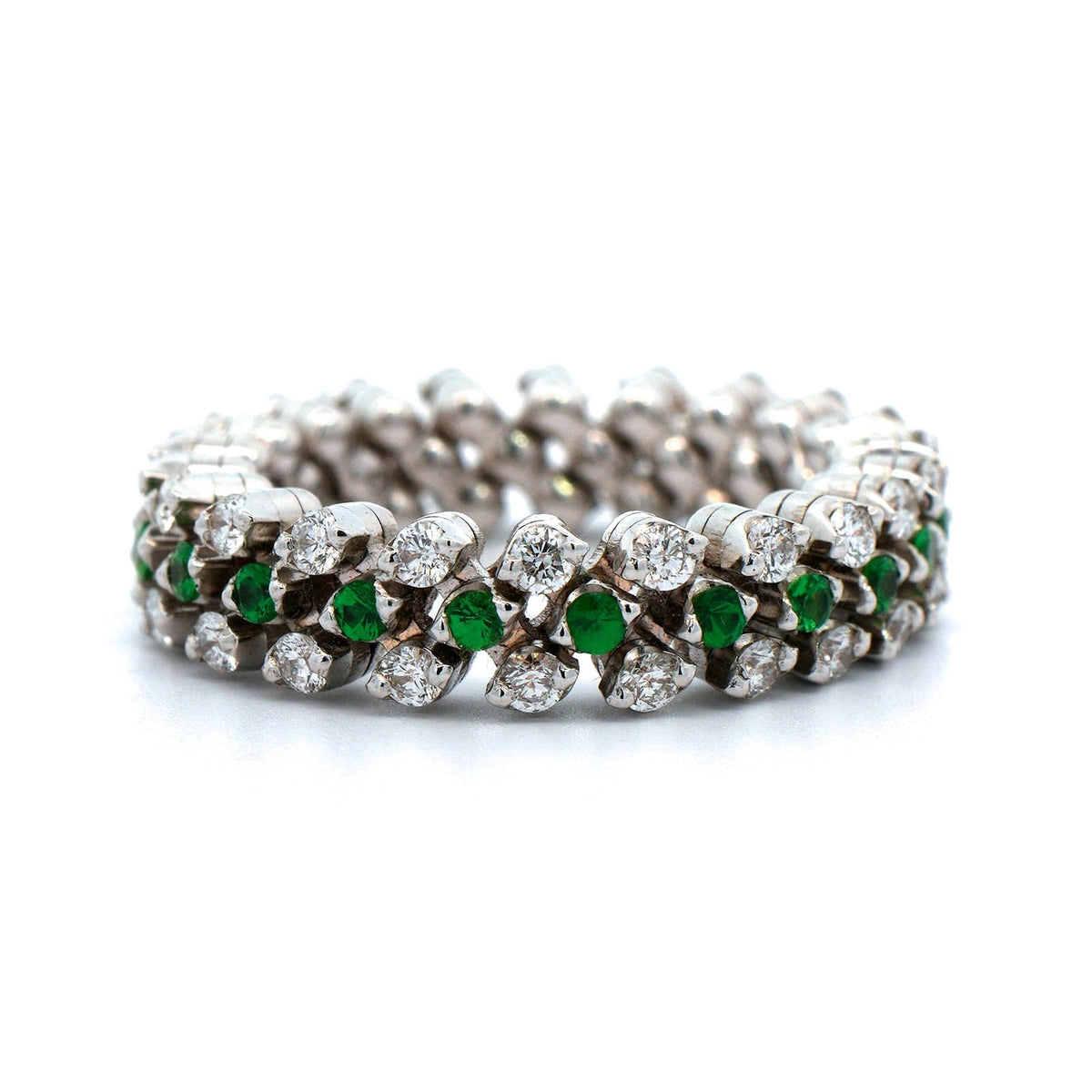 18K White Gold 3 Row Adjustable Diamond and Tsavorite Ring