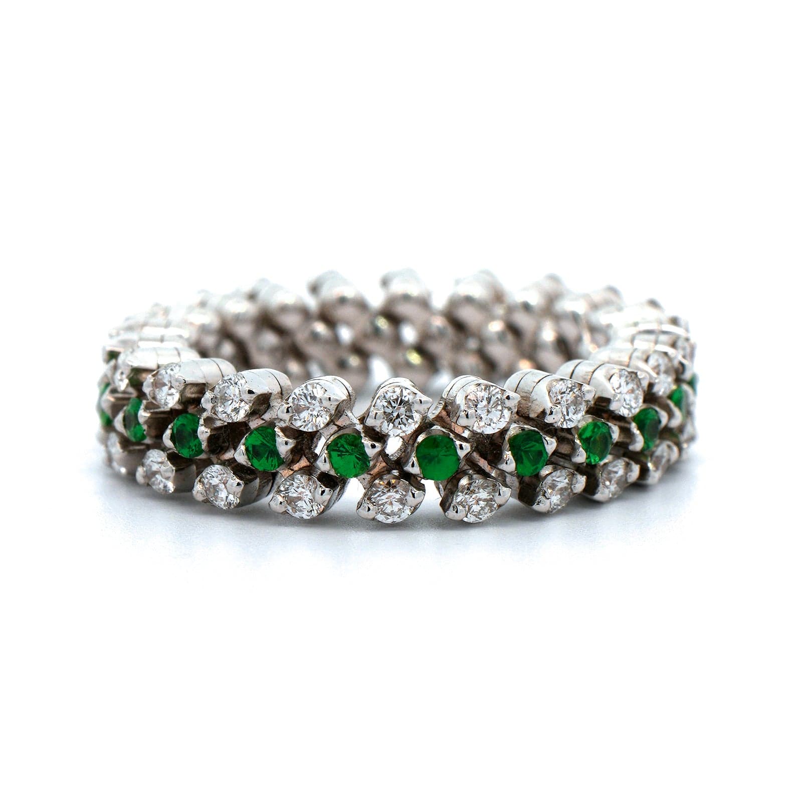 18K White Gold 3 Row Adjustable Diamond and Tsavorite Ring