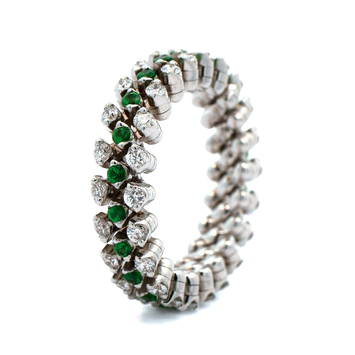 18K White Gold 3 Row Adjustable Diamond and Tsavorite Ring