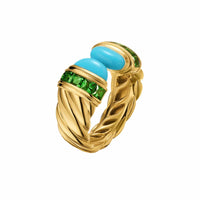 Sculpted Cable Open Cocktail Ring 18K Yellow Gold with Turquoise and Tsavorites, 12.4mm