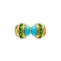 Sculpted Cable Open Cocktail Ring 18K Yellow Gold with Turquoise and Tsavorites, 12.4mm