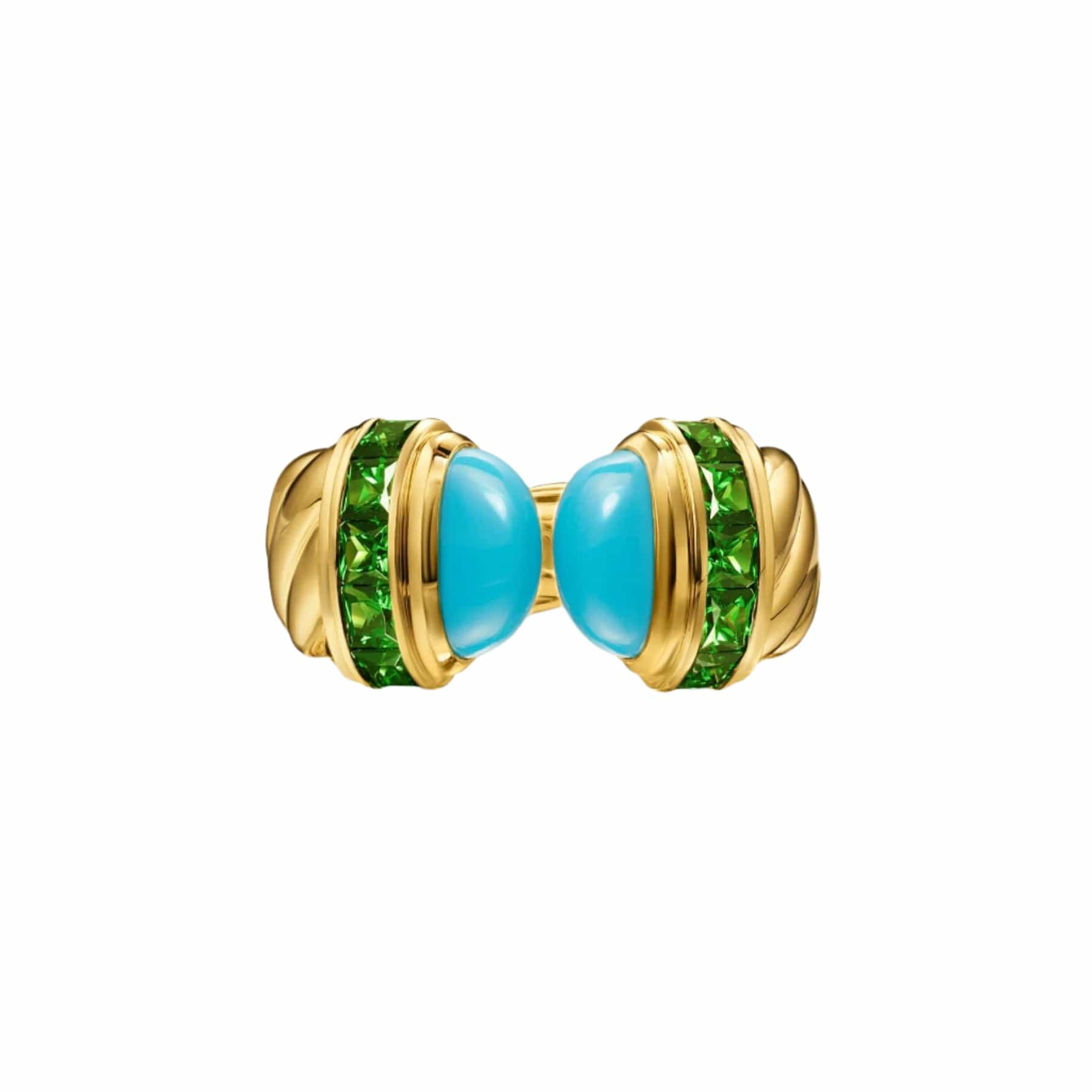 Sculpted Cable Open Cocktail Ring 18K Yellow Gold with Turquoise and Tsavorites, 12.4mm