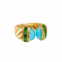Sculpted Cable Open Cocktail Ring 18K Yellow Gold with Turquoise and Tsavorites, 12.4mm