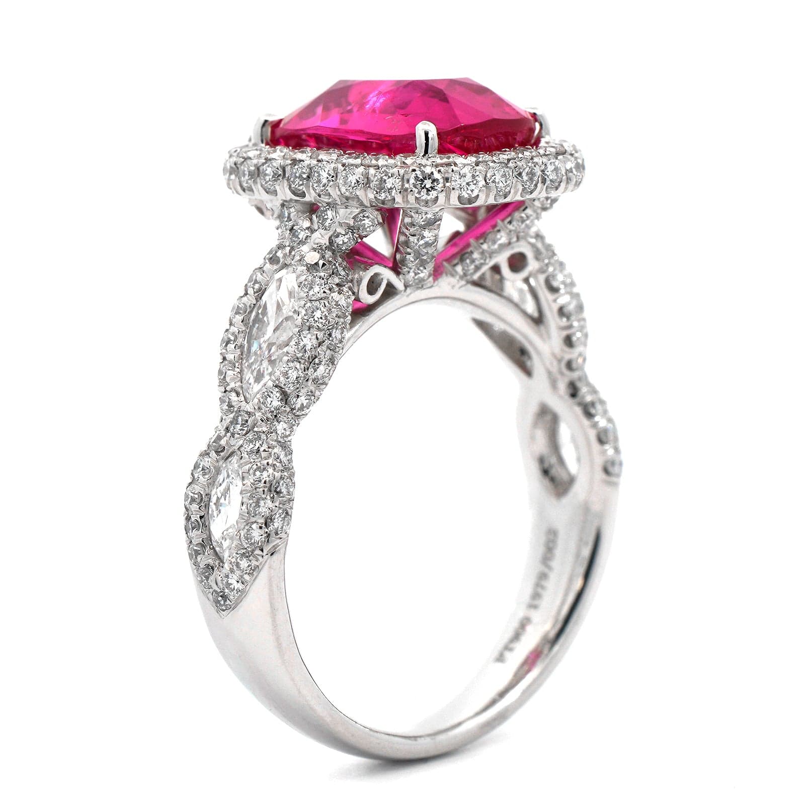 Platinum Cushion Cut Pink Spinel and Diamond Ring
