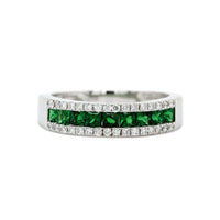 14K White Gold 3 Row Tsavorite and Diamond Band