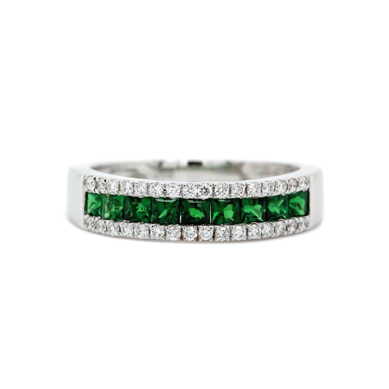 14K White Gold 3 Row Tsavorite and Diamond Band