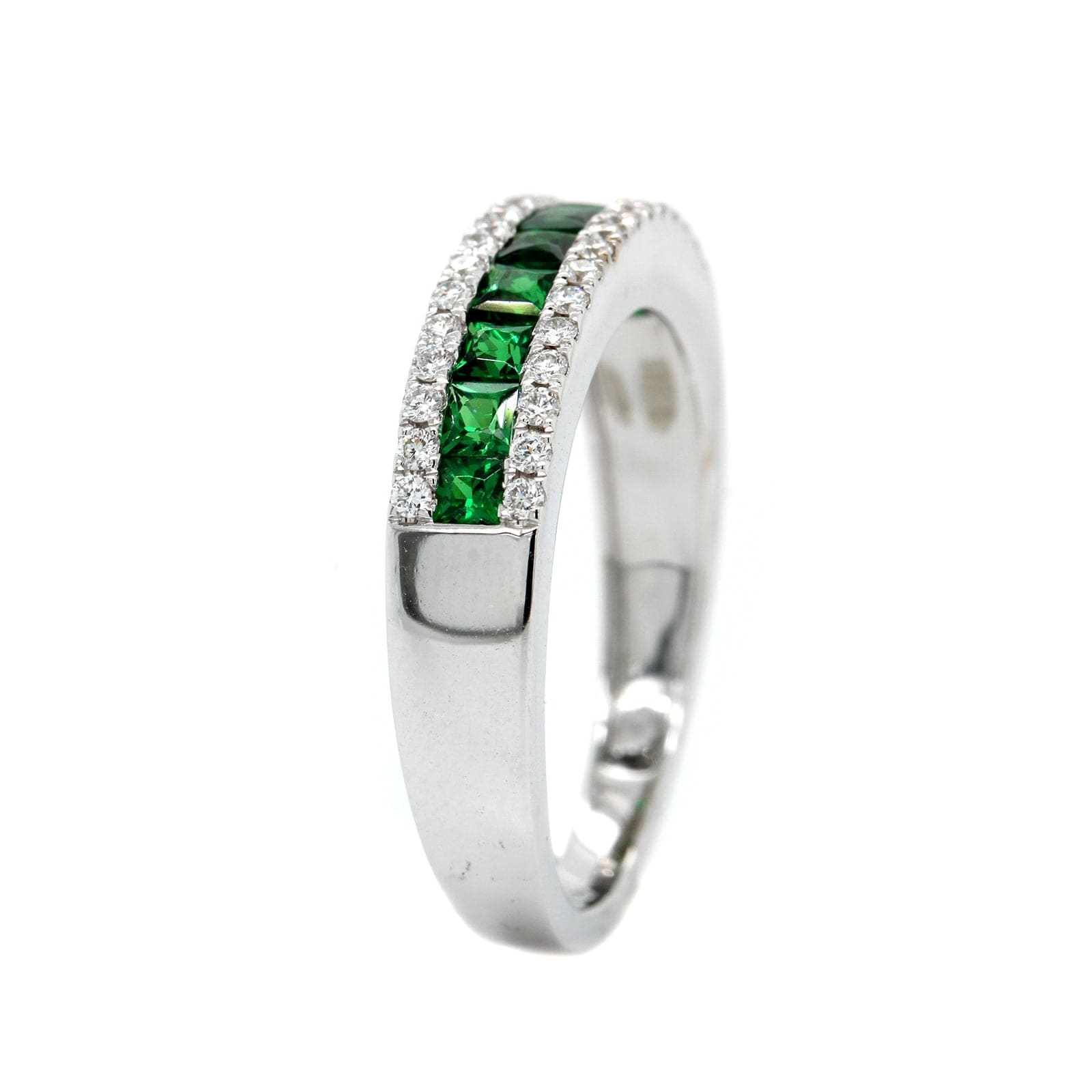 14K White Gold 3 Row Tsavorite and Diamond Band