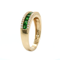 14K Yellow Gold 3 Row Tsavorite and Diamond Band