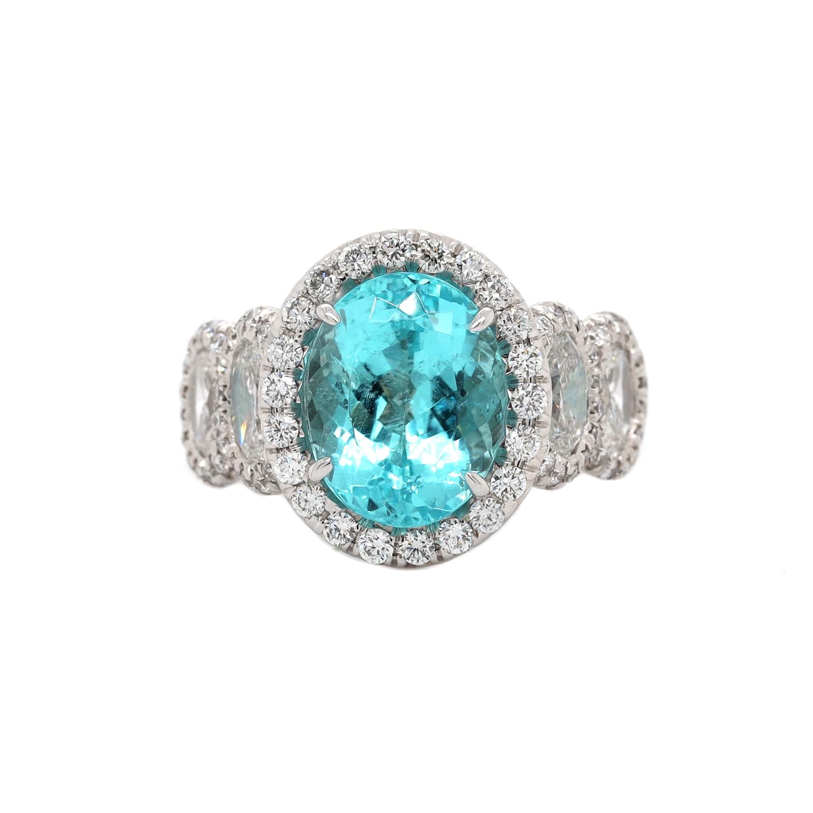 Platinum Oval Paraiba and Diamond Halo Ring