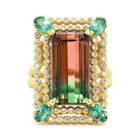 Suzy Landa 18K Yellow Gold Emerald Cut Watermelon Tourmaline and Diamond Ring