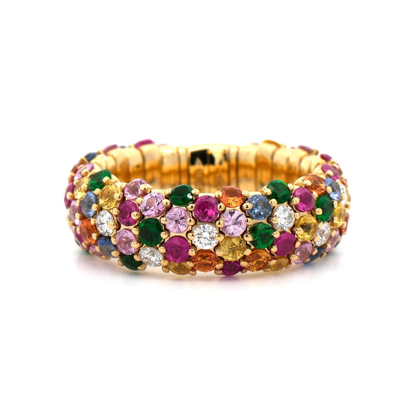 Zydo 18K Yellow Gold Multi Color Sapphire and Diamond Stretch Ring