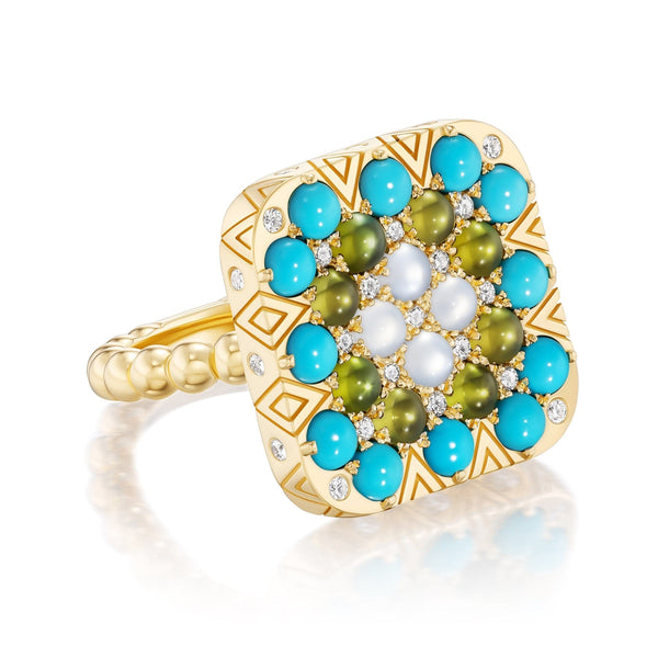 Harwell Godfrey 18K Yellow Gold Diamond and Multi Stone Granny Square Esther Ring