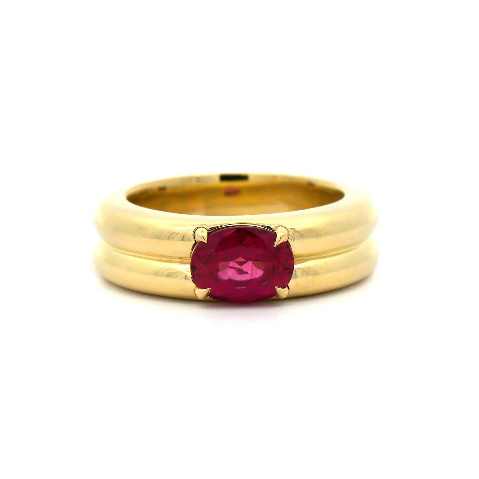 18K Yellow Gold Oval Rubellite 2 Row Bubble Ring