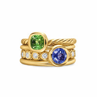 DY Mercer® Color Stone Multi Row Ring 18K Yellow Gold with Green Tourmaline, Tanzanite and Diamonds, 10mm