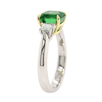 Platinum Three Stone Asscher Cut Green Tsavorite and Diamond Ring