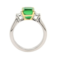 Platinum Three Stone Asscher Cut Green Tsavorite and Diamond Ring