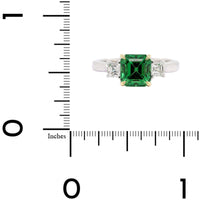 Platinum Three Stone Asscher Cut Green Tsavorite and Diamond Ring