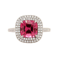Platinum Cushion Shaped Pink Spinel and Double Diamond Halo Ring