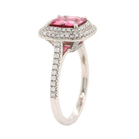 Platinum Cushion Shaped Pink Spinel and Double Diamond Halo Ring