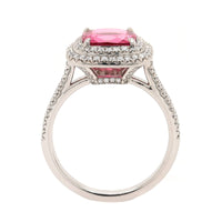 Platinum Cushion Shaped Pink Spinel and Double Diamond Halo Ring