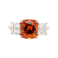 Platinum 3 Stone Cushion Spessartite Garnet and Diamond Ring